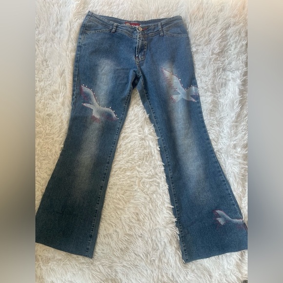 Denim - Y2K Flare Jeans Bird Graphic Studded Denim Low Rise Size 30